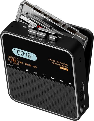 Cassette Tape Player Recorder, Cassette to MP3 Converter, Record to Cassettes/USB/SD Card, LCD Display, Power by USB C or AA Battery, Built-in Speaker, Headphone Jack and Mic in Kuwait