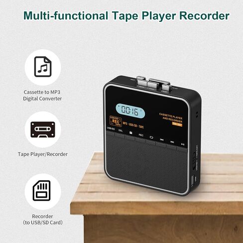 Cassette Tape Player Recorder, Cassette to MP3 Converter, Record to Cassettes/USB/SD Card, LCD Display, Power by USB C or AA Battery, Built-in Speaker, Headphone Jack and Mic in Kuwait