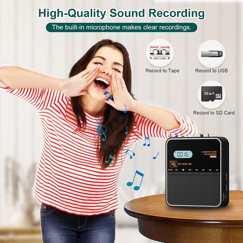 Cassette Tape Player Recorder, Cassette to MP3 Converter, Record to Cassettes/USB/SD Card, LCD Display, Power by USB C or AA Battery, Built-in Speaker, Headphone Jack and Mic in Kuwait