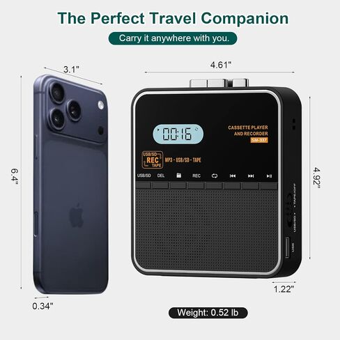 Cassette Tape Player Recorder, Cassette to MP3 Converter, Record to Cassettes/USB/SD Card, LCD Display, Power by USB C or AA Battery, Built-in Speaker, Headphone Jack and Mic in Kuwait