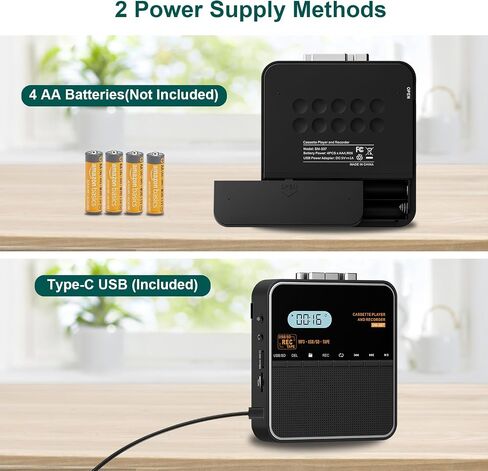 Cassette Tape Player Recorder, Cassette to MP3 Converter, Record to Cassettes/USB/SD Card, LCD Display, Power by USB C or AA Battery, Built-in Speaker, Headphone Jack and Mic in Kuwait