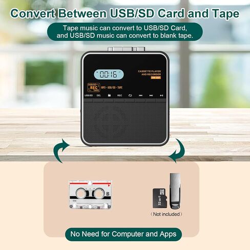 Cassette Tape Player Recorder, Cassette to MP3 Converter, Record to Cassettes/USB/SD Card, LCD Display, Power by USB C or AA Battery, Built-in Speaker, Headphone Jack and Mic in Kuwait