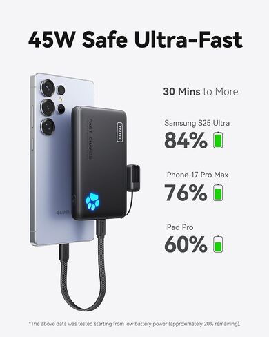 INIU 45W Fast Charging Portable Charger, Smaller 10000mAh Travel Power Bank | Flight-Safe, Detachable USB C Cable, Travel Essential, External Battery Phone Pack for iPhone 17 Samsung S26 iPad etc in Saudi Arabia