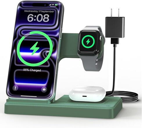 محطة شحن GETPALS لشاحن iPhone اللاسلكي لأجهزة Apple المتعددة | حامل شاحن 3 في 1 لهاتف iPhone 17 Pro Max 17e 16 16e 15 14 13 12 وساعة Series 11-2 SE Ultra وAirpods 4 3 Pro، أسود in Kuwait