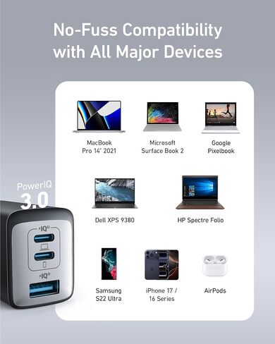 Anker Charger, 65W 3-Port Fast Compact Foldable USB C Charger Block for MacBook Pro/Air, iPad Pro, Galaxy S20, Dell XPS 13, Note 20/10+, iPhone 17 Series, Steam Deck, and More | Type C Charger Fast Charging for MacBook Pro/Air, iPad Pro, Galaxy S20, Dell  in Kuwait