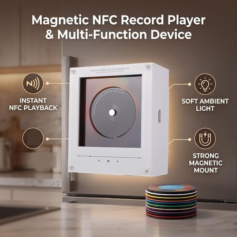 256GB NFC Music Fridge Magnet Player with Records - Magnetic Mini Record Player with Light, Customizable Playlist Music Refrigerator Magnet for Desktop, Unique Musical Gift in Kuwait