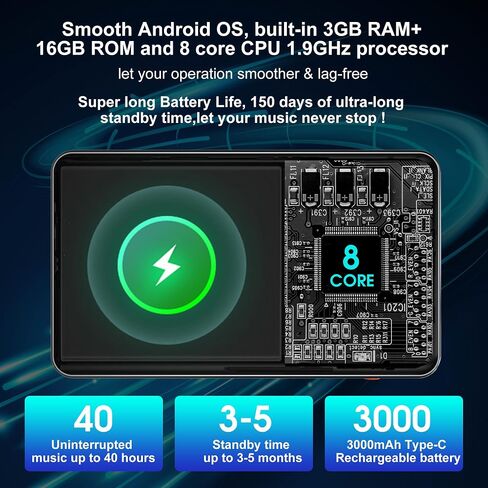 144GB MP3 Player with Bluetooth and WiFi, Parental Control HD 4" Full-Color Touch Screen MP4 Music Player with Spotify, YouTube, Pandora, Libby, Android Mainstream Media MP3 Player for Kids,Black in Saudi Arabia