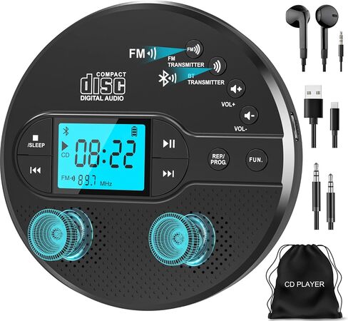 Sunoony Portable CD Player with Bluetooth & Speaker, FM Transmitter for Car | 9H Rechargeable with Anti-Skip, Supports CD/MP3, USB/AUX Output, CD Player with Headphones for Home/Road Trips/Seniors (Black in Saudi Arabia