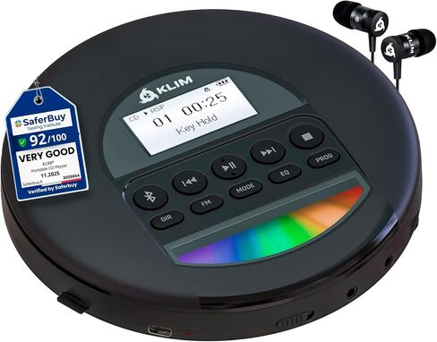 KLIM Nomad - New 2023 - Portable CD Player Walkman with Long-Lasting Battery - with Headphones - Radio FM - Compatible MP3 CD Player Portable - TF Card Radio FM AM Bluetooth - Ideal for Cars - Black | Anti-Shock Chip, Dual Audio Port, and Rugged 5-Year Co in Kuwait