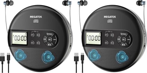 MEGATEK Portable CD Player with Bluetooth RX/TX, FM Transmitter & USB | Car FM Compatible, Built-in Stereo Speakers, Large LCD Display, AUX Output, Headphone Jack, Anti-Skip, Rechargeable Battery in Saudi Arabia