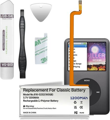 بطارية لجهاز iPod Classic، ترقية جديدة بقدرة 1200 مللي أمبير في الساعة 616-0232، بطارية بديلة لجهاز iPod 5th - الجيل السابع Video Classic A1136، A1238 مع مجموعة كاملة من أدوات الإصلاح in Kuwait
