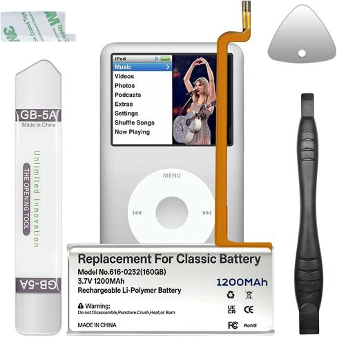 لجهاز iPod 5th - 7th Classic بطارية، 1200 مللي أمبير، أبيض، قدرة عالية 0232 | استبدال البطارية متوافق مع iPod 5th - 7th Gen Video Classic A1136 A1238 6th 80GB 6.5th 120GB 7th 160GB 5th 30GB in Kuwait