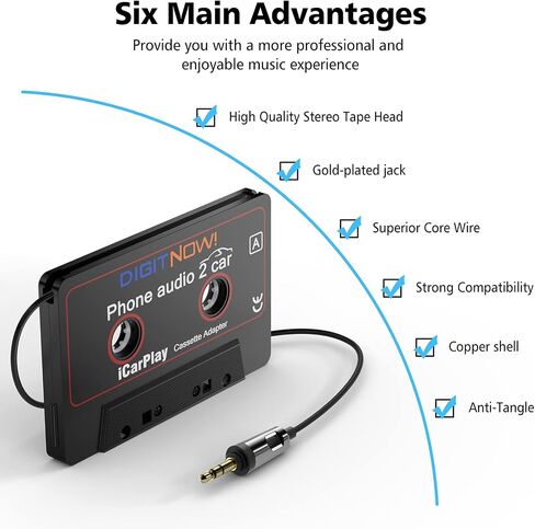 DIGITNOW Car Audio Cassette to Aux Adapter, 3.5MM Aux Audio Cable Tape Player for Smartphone/MP3 Player/CD Player, 3.7Ft Cable(Black) in Saudi Arabia