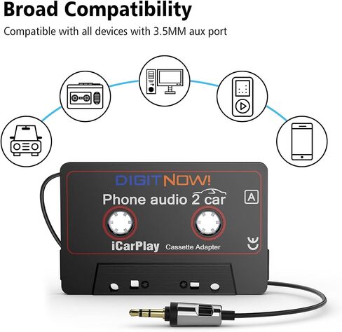 DIGITNOW Car Audio Cassette to Aux Adapter, 3.5MM Aux Audio Cable Tape Player for Smartphone/MP3 Player/CD Player, 3.7Ft Cable(Black) in Saudi Arabia