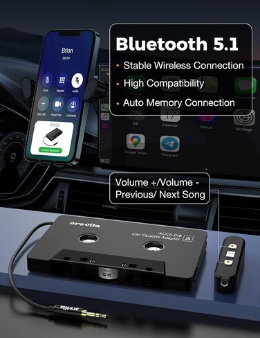 arsvita 5.1 Bluetooth Cassette Adapter with 3.5mm Aux Cable Tape, Black | Bluetooth Receiver Kit for Cassette to Aux, Support Micro SD Card, Type BCAK04 in Saudi Arabia