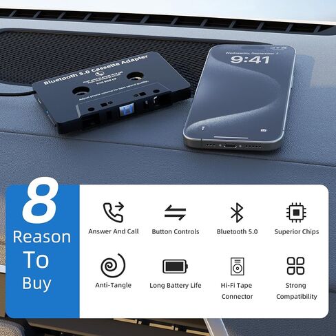 Mersoco Car Bluetooth Cassette Reciver, Tape Player BT 5.0 Cassette Aux Adapter with Hands-Free in Saudi Arabia