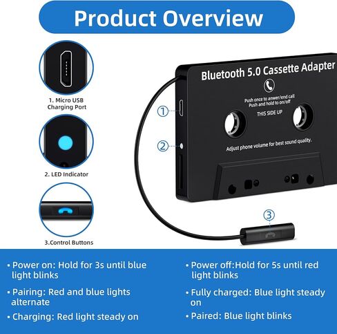 Mersoco Car Bluetooth Cassette Reciver, Tape Player BT 5.0 Cassette Aux Adapter with Hands-Free in Saudi Arabia