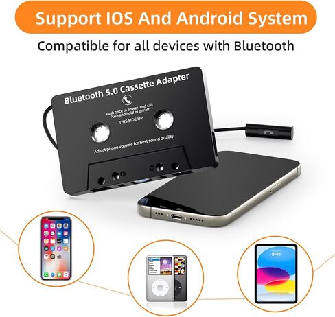 Car Audio Bluetooth 5.0 Cassette Receiver,Cassette Bluetooth Adapter for Car Tape Player, Hands-Free Calling, Stereo Two-Channel, Compatibility with Smartphones, Tablets, MP3, Black in Saudi Arabia