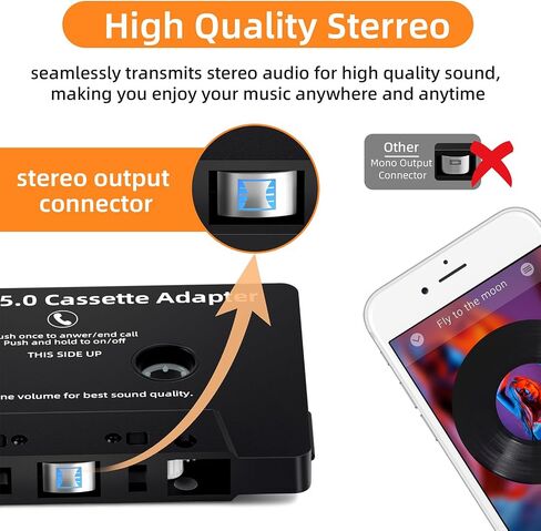 Car Audio Bluetooth 5.0 Cassette Receiver,Cassette Bluetooth Adapter for Car Tape Player, Hands-Free Calling, Stereo Two-Channel, Compatibility with Smartphones, Tablets, MP3, Black in Saudi Arabia