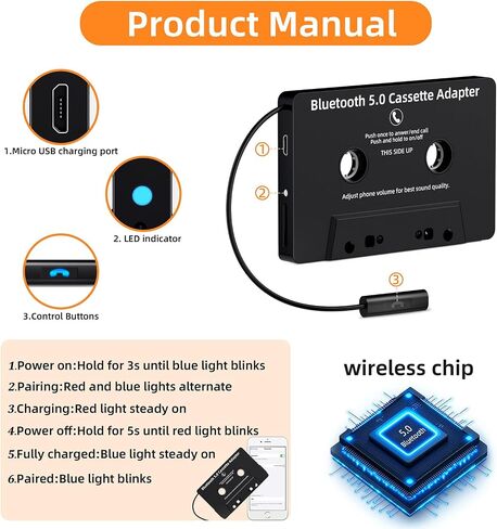 Car Audio Bluetooth 5.0 Cassette Receiver,Cassette Bluetooth Adapter for Car Tape Player, Hands-Free Calling, Stereo Two-Channel, Compatibility with Smartphones, Tablets, MP3, Black in Saudi Arabia