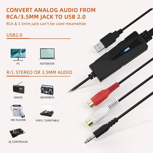 DriverGenius AudioXfer USB A/C Audio Capture Card Device | Convert Analog Cassette Audio to Digital MP3 with 3.5mm/RCA Inputs | Compatible with PC, Mac & Linux (AV202-B, 1-Pack) in Saudi Arabia