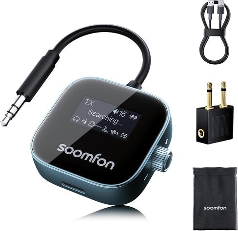 SOOMFON Airplane Bluetooth 5.3 Transmitter Receiver for TV to 2 Headphones | Airplane Bluetooth Adapter Low Latency with LCD Display 3.5mm for Plane Flying Gym Car Home Stereo System 15H Long Playtime in Saudi Arabia