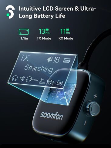 SOOMFON Airplane Bluetooth 5.3 Transmitter Receiver for TV to 2 Headphones | Airplane Bluetooth Adapter Low Latency with LCD Display 3.5mm for Plane Flying Gym Car Home Stereo System 15H Long Playtime in Saudi Arabia