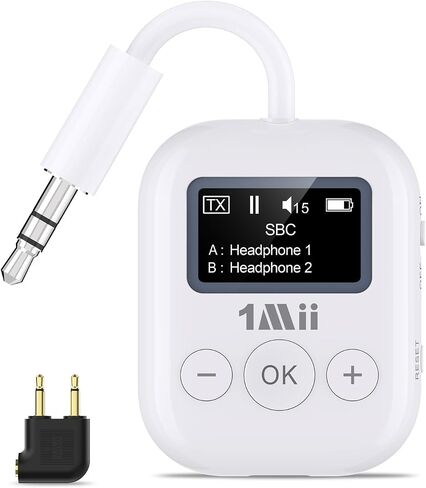 1Mii SafeFly Min Airplane Bluetooth Adapter for 2 AirPods or Headphones | aptX Adaptive & HD Hi-Fi Sound, Display Screen, 25H Battery, 3.5mm AUX Wireless Audio Transmitter for Flight Travel, TVs, Gym in Saudi Arabia