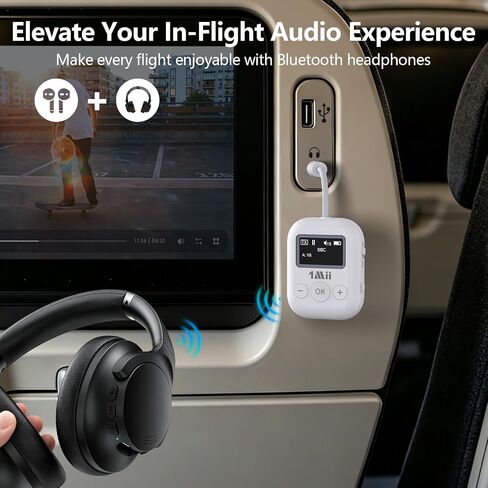 1Mii SafeFly Min Airplane Bluetooth Adapter for 2 AirPods or Headphones | aptX Adaptive & HD Hi-Fi Sound, Display Screen, 25H Battery, 3.5mm AUX Wireless Audio Transmitter for Flight Travel, TVs, Gym in Saudi Arabia