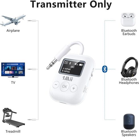 1Mii SafeFly Min Airplane Bluetooth Adapter for 2 AirPods or Headphones | aptX Adaptive & HD Hi-Fi Sound, Display Screen, 25H Battery, 3.5mm AUX Wireless Audio Transmitter for Flight Travel, TVs, Gym in Saudi Arabia