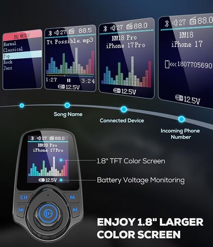 Nulaxy 1.8" Color Screen 48W Bluetooth 5.4 Car Adapter FM Transmitter | Dual Fast Charging Ports[PD 30W & QC3.0 18W], 7 EQ Modes, Hands-Free Calls, TF Card & AUX, Compatible with 12V-24V Vehicles in Saudi Arabia
