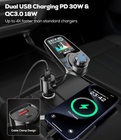 Nulaxy 1.8" Color Screen 48W Bluetooth 5.4 Car Adapter FM Transmitter | Dual Fast Charging Ports[PD 30W & QC3.0 18W], 7 EQ Modes, Hands-Free Calls, TF Card & AUX, Compatible with 12V-24V Vehicles in Saudi Arabia