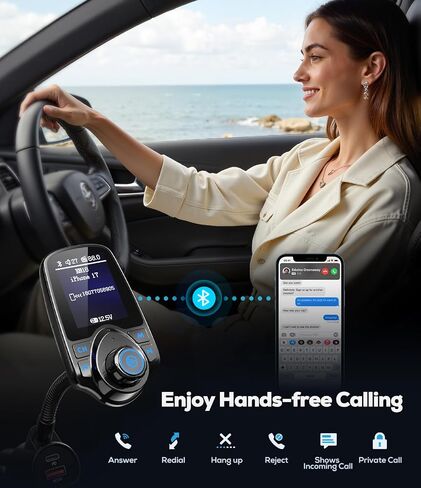 Nulaxy 1.8" Color Screen 48W Bluetooth 5.4 Car Adapter FM Transmitter | Dual Fast Charging Ports[PD 30W & QC3.0 18W], 7 EQ Modes, Hands-Free Calls, TF Card & AUX, Compatible with 12V-24V Vehicles in Saudi Arabia