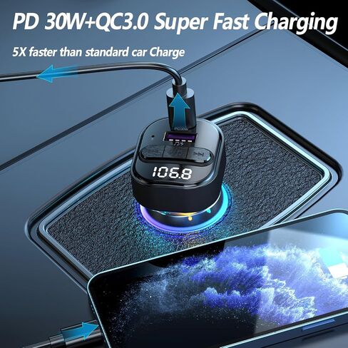 FM Transmitter Bluetooth Car Adapter, Wireless FM Radio Transmitter | FM Transmitter PD30W & QC3.0 Fast Charge, Microphone & Bass Sound, Support MP3 Player, Handsfree Calling, LED Backlit,U Disk in Saudi Arabia