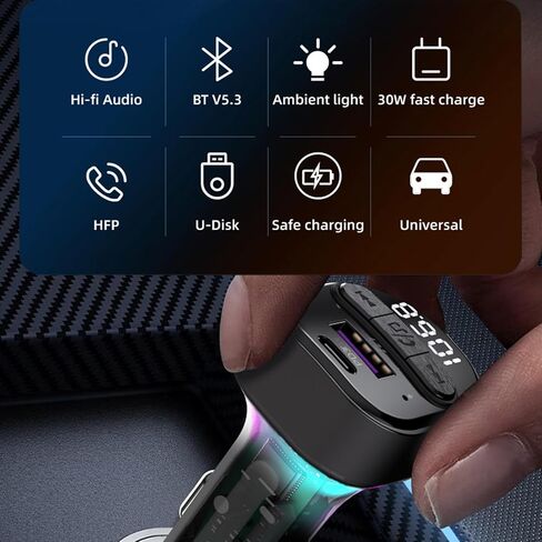 FM Transmitter Bluetooth Car Adapter, Wireless FM Radio Transmitter | FM Transmitter PD30W & QC3.0 Fast Charge, Microphone & Bass Sound, Support MP3 Player, Handsfree Calling, LED Backlit,U Disk in Saudi Arabia