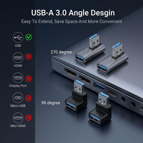 4 PCS USB 90 Degree Adapter, 10Gbps USB 3.1 Male to Female Adapter Up Down Left Right Right Angle USBCable Extension Connector L Shape On The Go (OTG) Connector Extender for Laptop, Mouse, Keyboard in Saudi Arabia