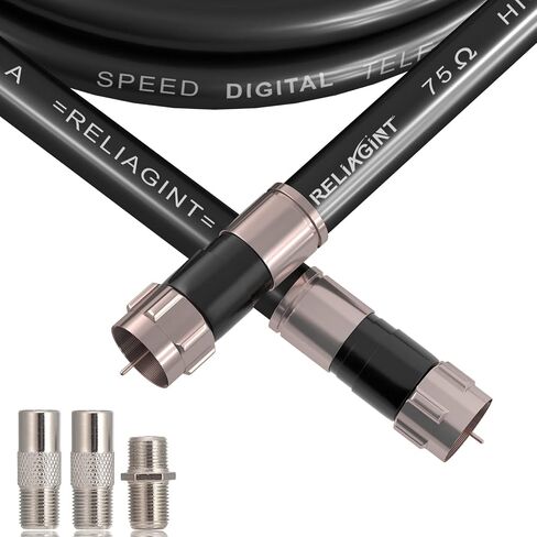 50ft RG6 Coaxial Cable, 75 Ohm High-Speed Coax Cable, Black | Includes F Connectors & F81 Female-to-Female Coupler for cable extension; low-loss signal for TV antennas, satellite dishes in Saudi Arabia