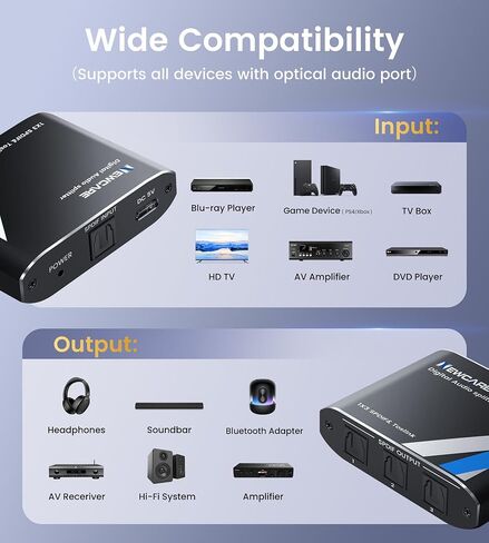 NEWCARE الفاصل البصري الرقمي 1 في 3 خارج، SPDIF Toslink كابل الصوت البصري الخائن 1x3 دعم LPCM2.0 Doldy Digital & DTS 5.1 لأجهزة Xbox، PS4، PS5، DVD، TV Box، المسرح المنزلي، جهاز الاستقبال، شريط الصوت in Kuwait