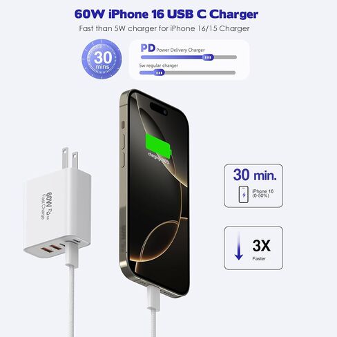 iPhone 17/16 Fast Charger Block,2 Pack 60W USB Charging Block 5-Port Charge Adapter for Apple iPhone Charger with 6FT USB C Woven Fast Charging Cable for iPhone17/16e/16Pro/15ProMax, iPad Pro/Air/Mini in Saudi Arabia