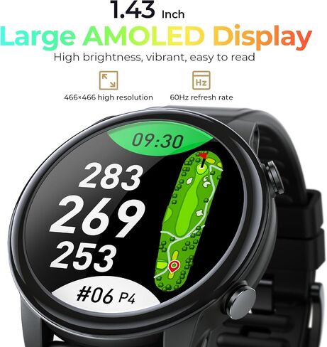 Golf GPS Watch, 1.43" AMOLED Touchscreen Display, Lightweight Golf Watch with 40,000+ Preload Courses, Green View, Slope Mode, 6 Hazard Distances, App Sync, Golf Watches for Men (Black) in Saudi Arabia