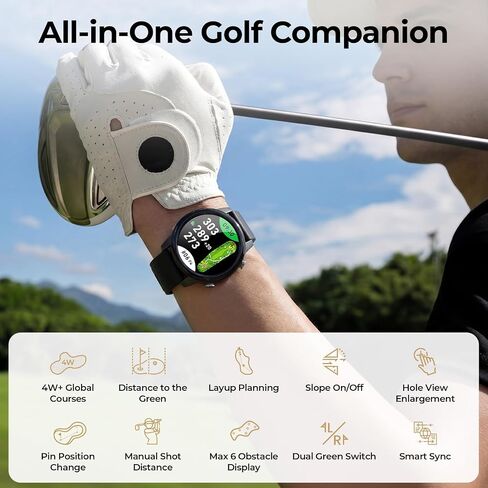Golf GPS Watch, 1.43" AMOLED Touchscreen Display, Lightweight Golf Watch with 40,000+ Preload Courses, Green View, Slope Mode, 6 Hazard Distances, App Sync, Golf Watches for Men (Black) in Saudi Arabia