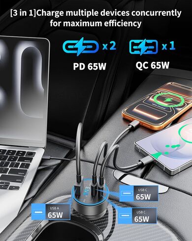 130W 3-Port USB C Super Fast Car Charger (with Voltage Display) for Samsung | Type C Car Charger Adapter Accessories, for Galaxy S26/S25/S24/S23/S22 Ultra/Z Fold, Android Phone, with 240W 3FT USB-C Cable in Saudi Arabia
