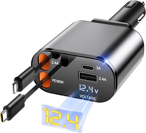 84W Retractable Car Charger,Car Phone Charger USB C Fast Charge for iPhone | EloBeth Car Charger,Cigarette Lighter USB Charger Car Accessories,Road Trip Essentials Gift for Men,for iPhone 17/16,Galaxy in Kuwait