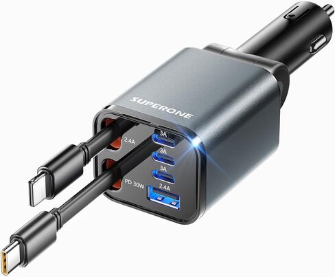 Retractable Car Charger, SUPERONE 99W Car Phone Charger with Dual Cables | 6 in 1 Fast Charging, USB C Car Charger Adapter, for iPhone 17 16 15 14 13 Samsung, Black, Ultra-Compact, 180°Adjustable Plug in Kuwait