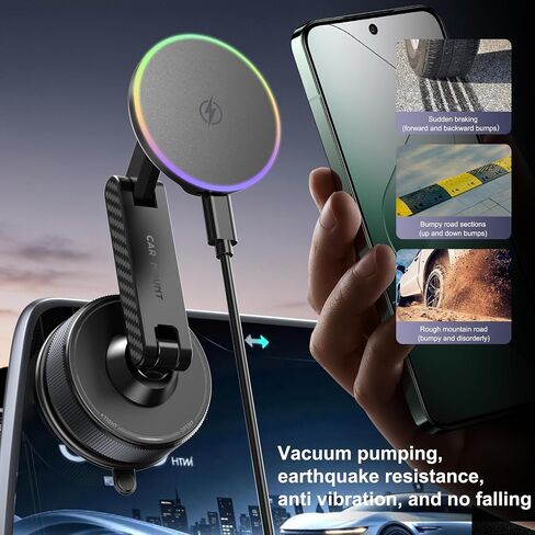 15W Magsafe Car Phone Mount Charger,Vacuum Car Phone Holder Charger,360° Adjustable Magnetic Cell Phone Holders for Car,Wireless Charging Mount for iPhone 17-12 Pro Max Plus Car Accessories in Saudi Arabia