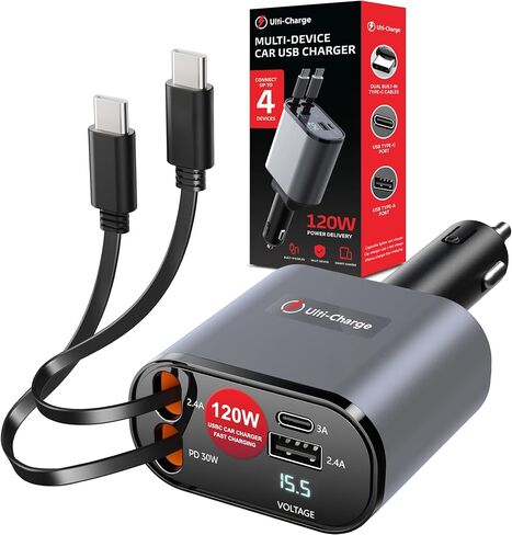 شاحن هاتف سيارة Ulti Charge بقدرة 120 وات، شاحن ولاعة سجائر قابل للسحب، USB C، 4 منافذ USB-C وUSB-A كتلة شحن USBC مزدوجة لأجهزة iPhone وGalaxy والأجهزة اللوحية وأجهزة الكمبيوتر المحمولة in Kuwait