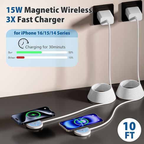 [معتمد من Apple MFi] شاحن لاسلكي لاسلكي بطول 10 أقدام لهاتف iPhone 17 16,2 حزمة | شحن سريع، لشاحن Apple MagSafe اللاسلكي، متوافق مع iPhone 17/16e/15/14/13/12، قاعدة شحن لاسلكية طويلة in Kuwait