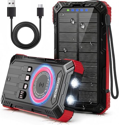 Solar Charger Power Bank -49800mAh QC3.0 Fast Charging Portable Charger Red | 5V/3.1A Wireless Solar Battery Charger Built-in 4 Cables with USB C & Flashlight, Power 6 Devices for iPhone/Android in Saudi Arabia