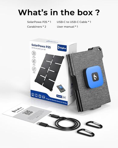 [ترقية] شاحن لوحة شمسية BigBlue خفيف الوزن للغاية بقدرة 25 وات مع منافذ USB-A وUSB-C، بحجم الجيب 0.84 رطل IP68 مقاوم للماء، لوحة شمسية مطوية متوافقة مع الهاتف المحمول، بنك الطاقة، ضوء التخييم in Kuwait