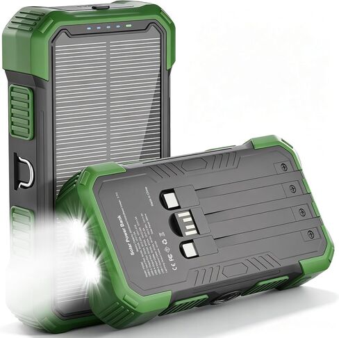 Solar Charger Power Bank 20000mAh, 22.5W Fast Charging Portable Charger with Built-in Cables, USB-C Battery Pack, Dual LED Flashlight, Compatible with iPhone & Android for Camping, Hiking, Emergency in Kuwait